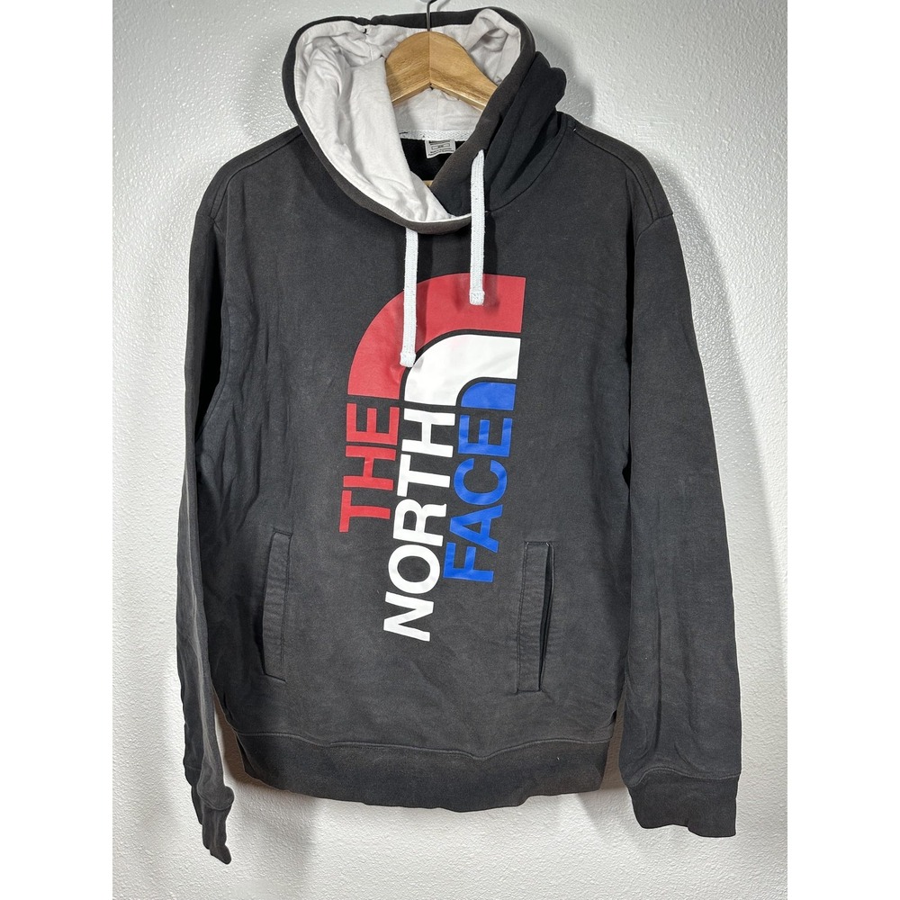 North Face Hoodie Mens Medium Black Red Blue Pullover Sweatshirt‎ Logo Graphic
